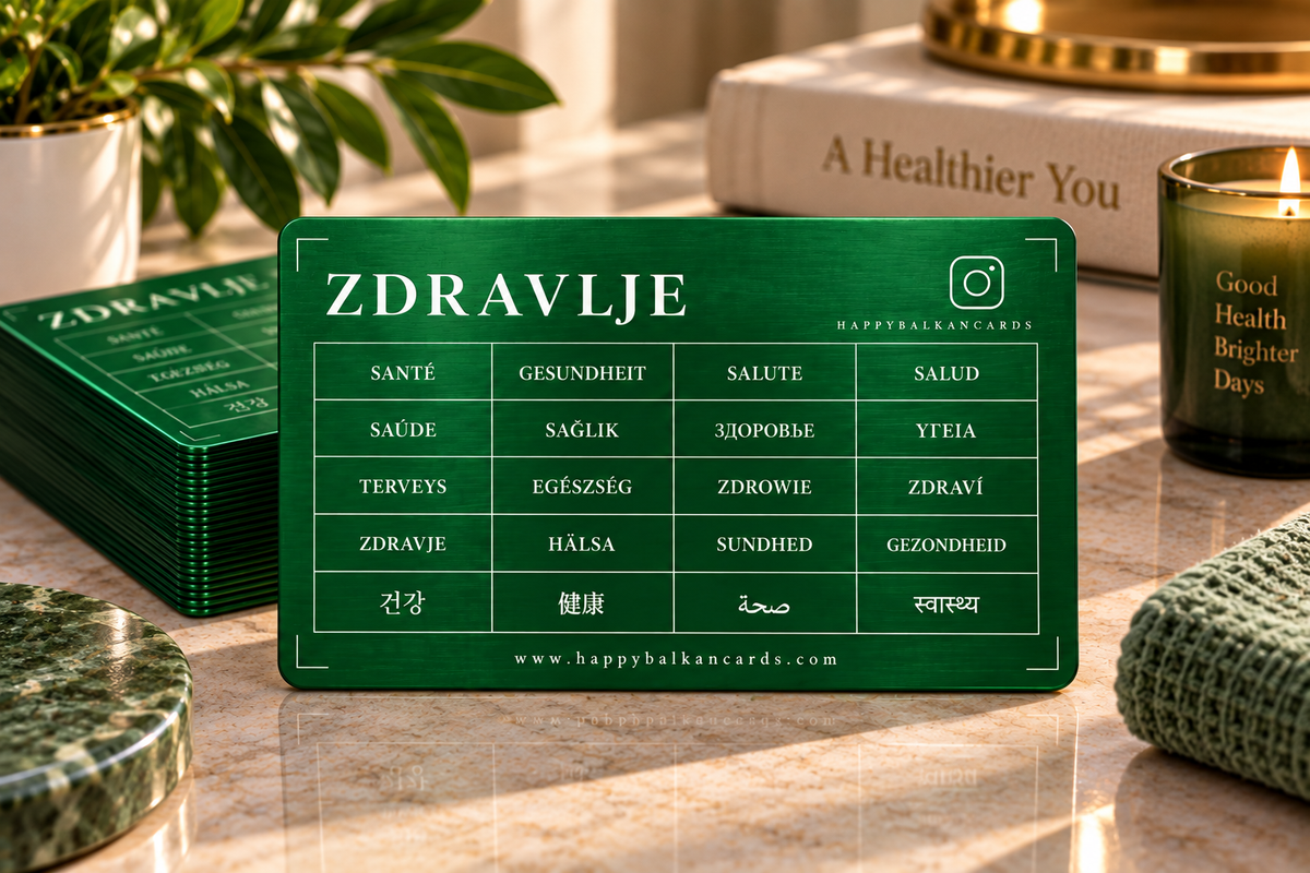 Health Card — green aluminium card, back side with the word Health in 22 more languages