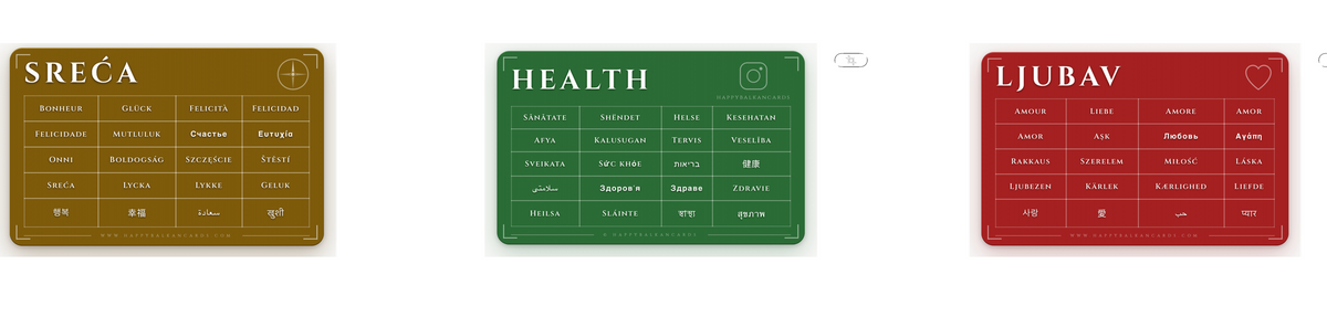 Back side of the three wish cards — Happiness, Health and Love in 42 languages