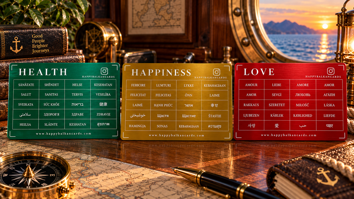 Complete Set — Happiness, Health and Love cards in gold, green and red, front sides