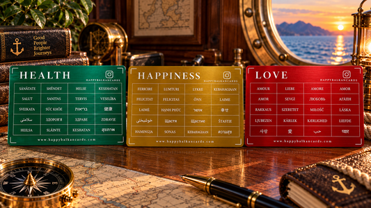 Complete Set — Happiness, Health and Love cards in gold, green and red, front sides