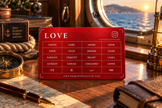 Love Card — red aluminium card, front side with the word Love in 20 languages
