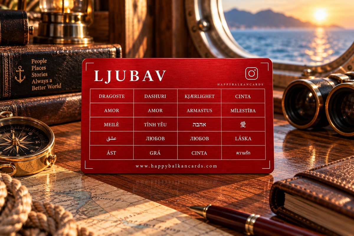 Love Card — red aluminium card, back side with the word Love in 22 more languages