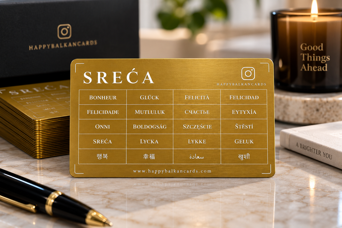 Happiness Card — gold aluminium card, back side with the word Happiness in 22 more languages